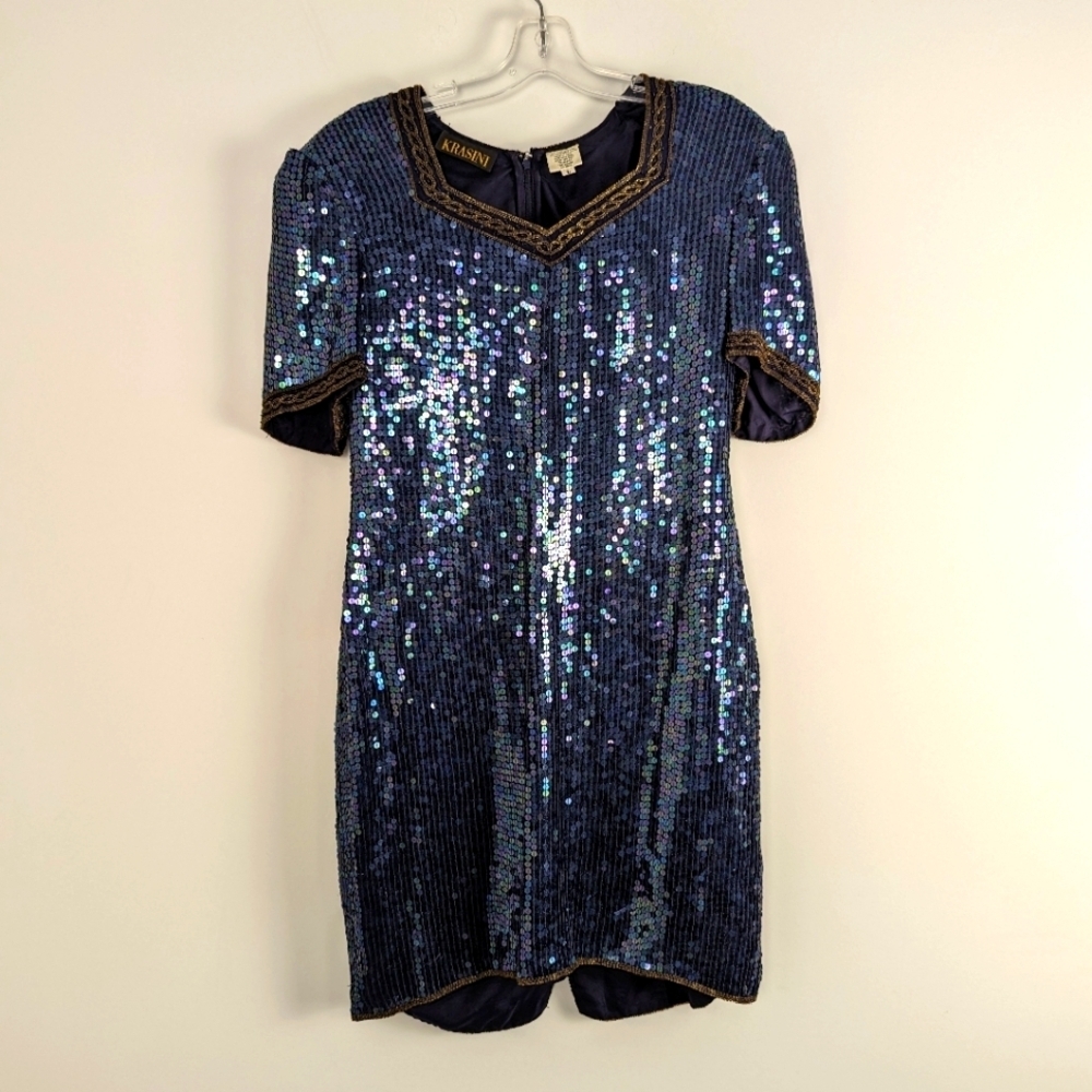 Krasini Sequined 100% Silk Cocktail Dress Size L Navy with Gold Accents Evening
